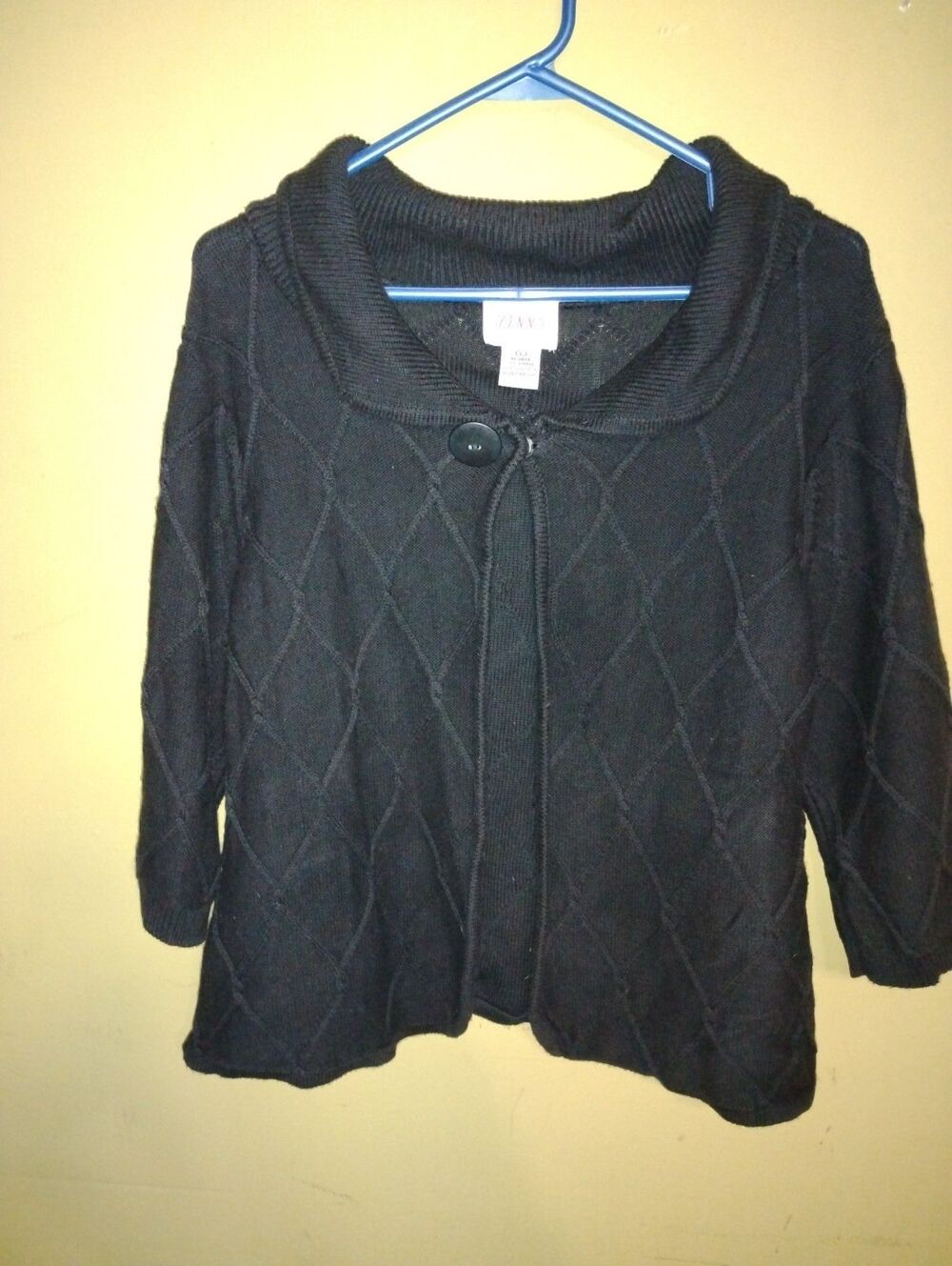"Jenny" single button sweater diamond knit large cowl neck black medium weight